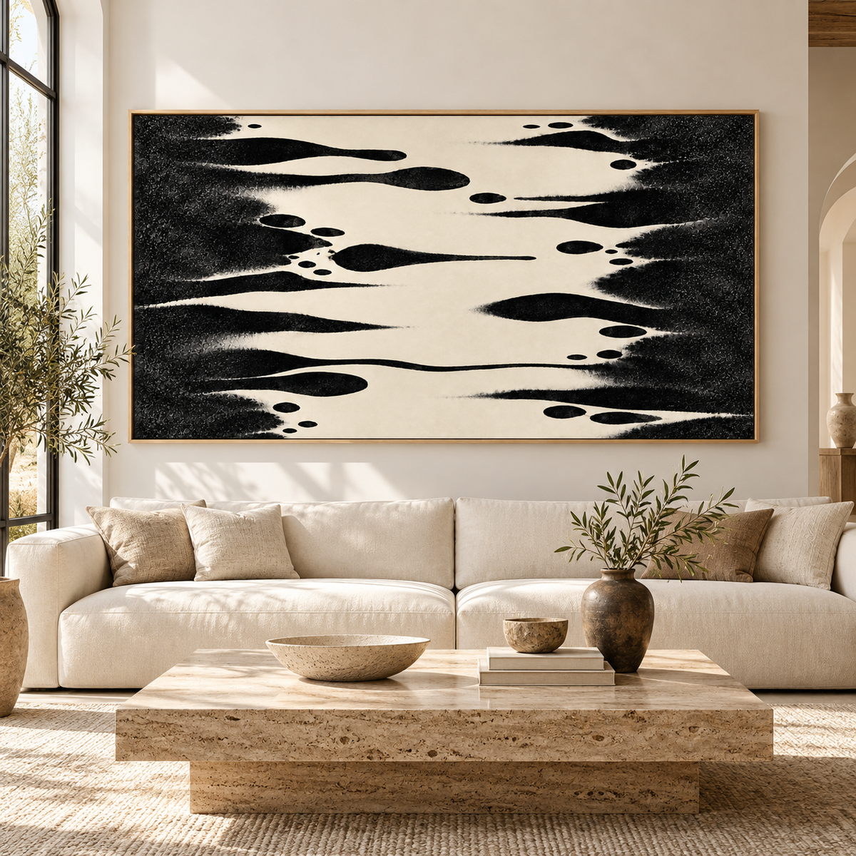 Large Horizontal Wall Art Original Painting – Ink Tributary above a cream sofa in a living room by Rossetti Art