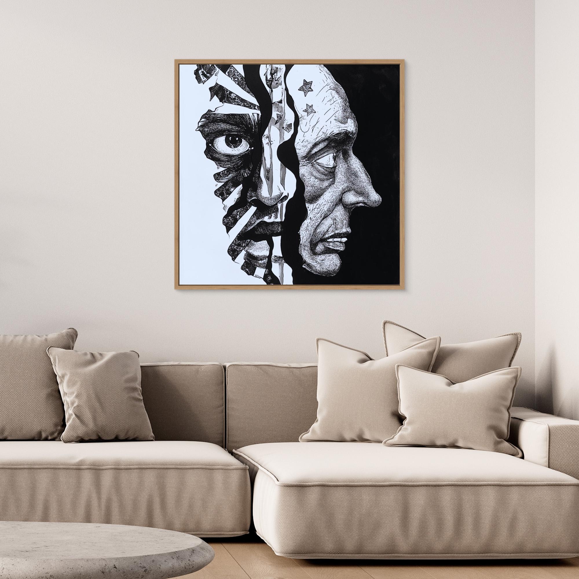 Faces Within - Dual Perspective Abstract Wall Art, Black and White Pen Drawing, Surreal Face Illustration Print, Modern Figurative Art for Home Decor