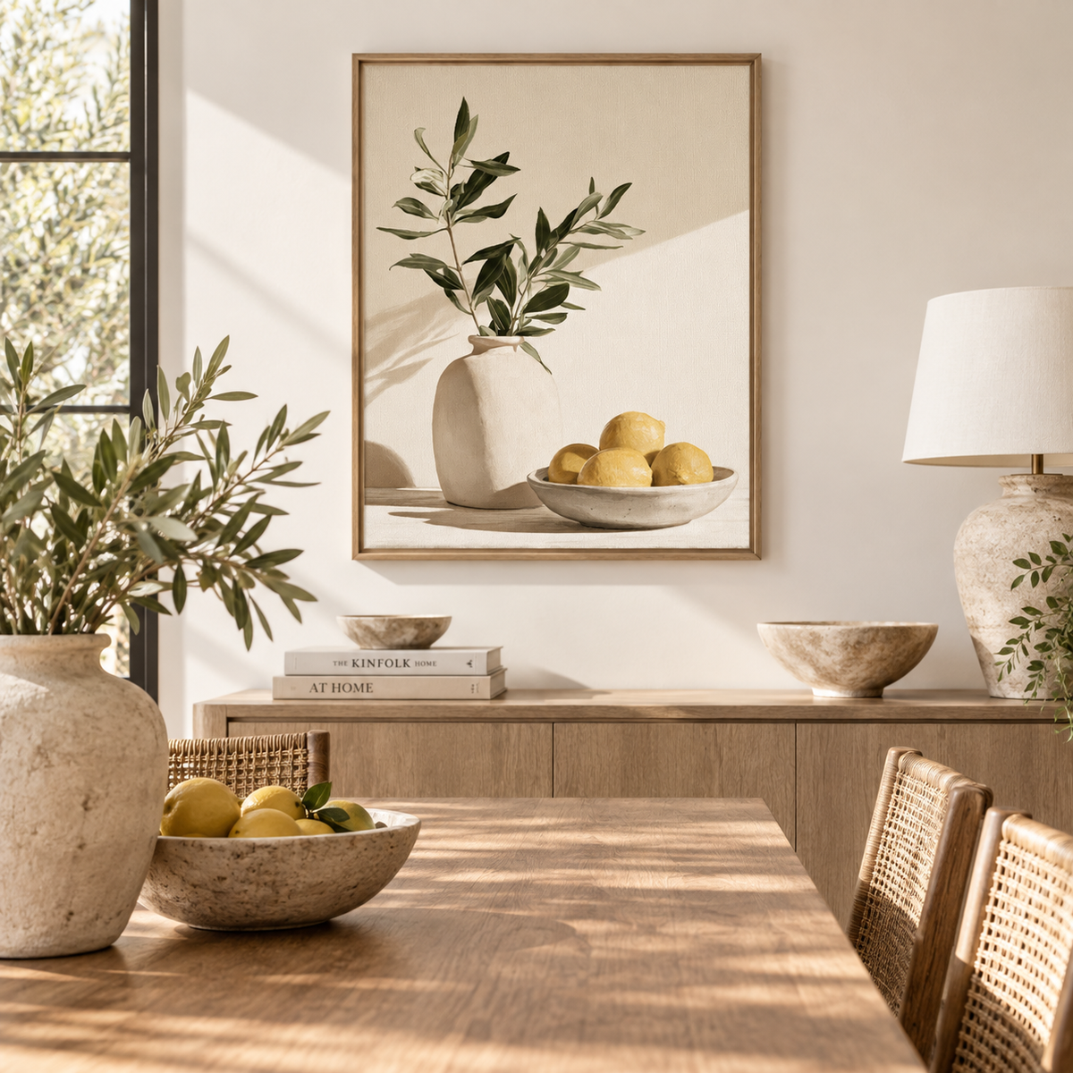 Lemon wall art above a wooden sideboard in a dining room – Citrus Morning by Rossetti Art