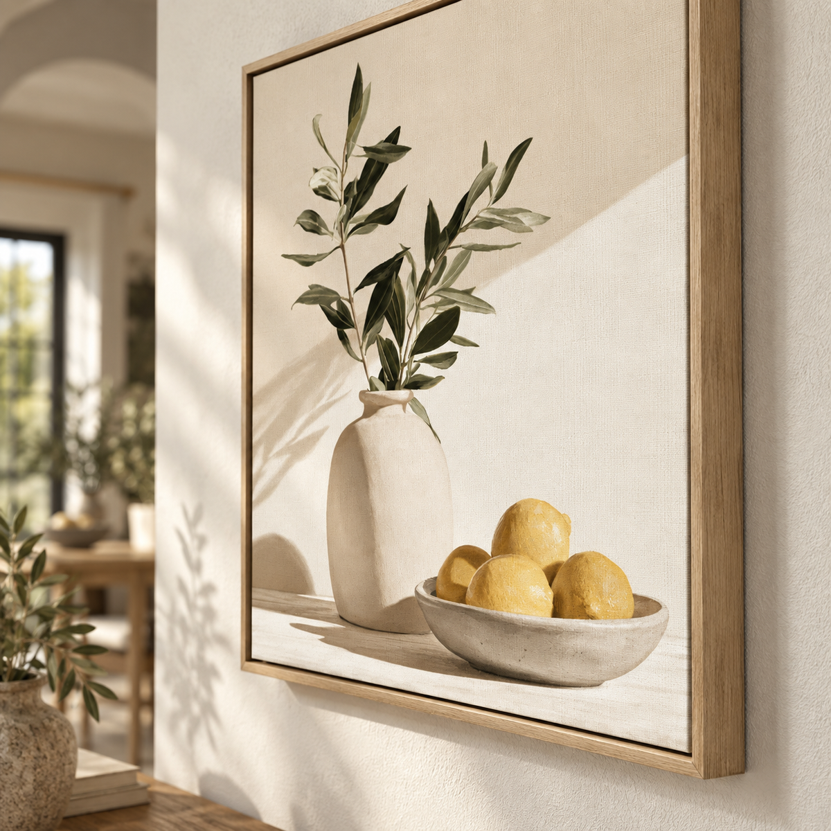 Close-up of lemon wall art in a wood floater frame – Citrus Morning by Rossetti Art