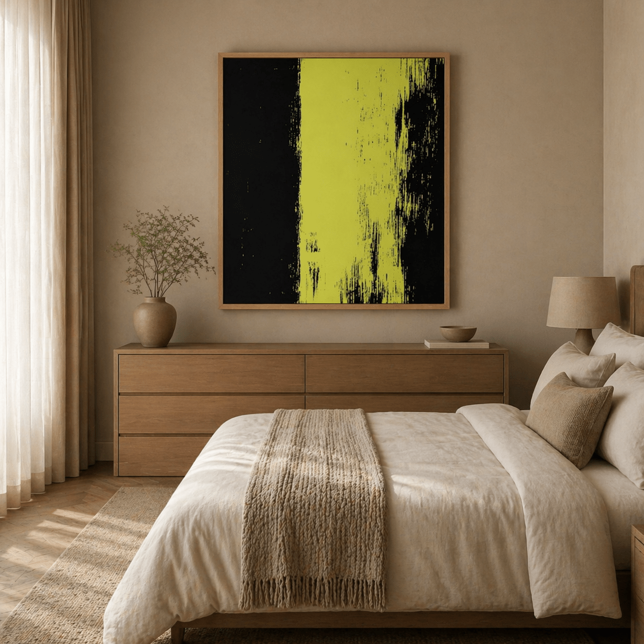 Lime Green Abstract Original Painting on Canvas – Electric Divide By Rossetti Art