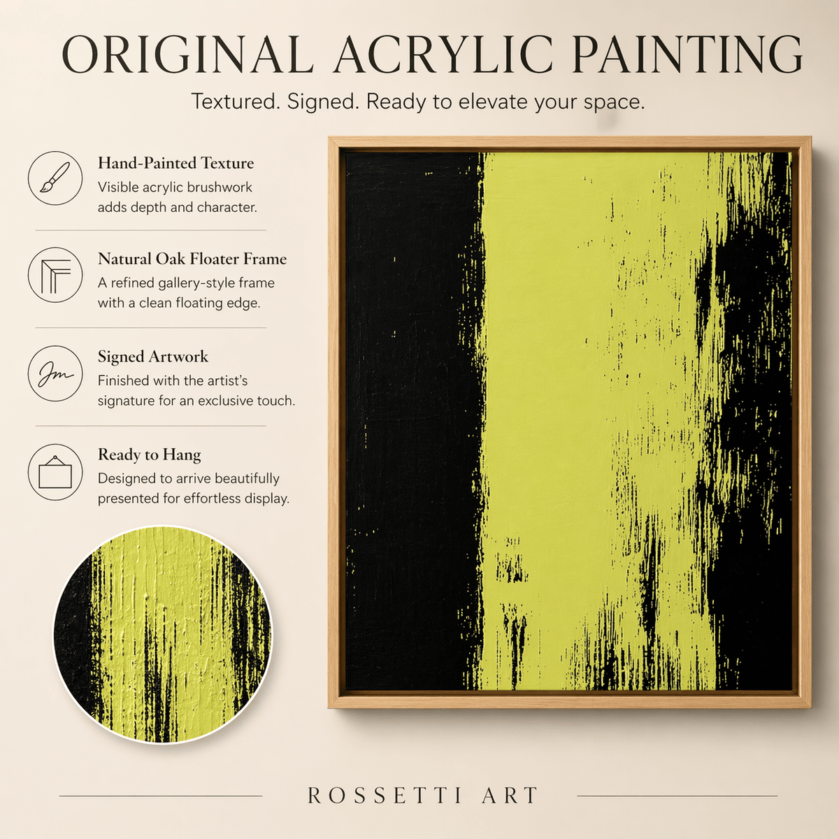 Lime Green Abstract Original Painting on Canvas – Electric Divide By Rossetti Art