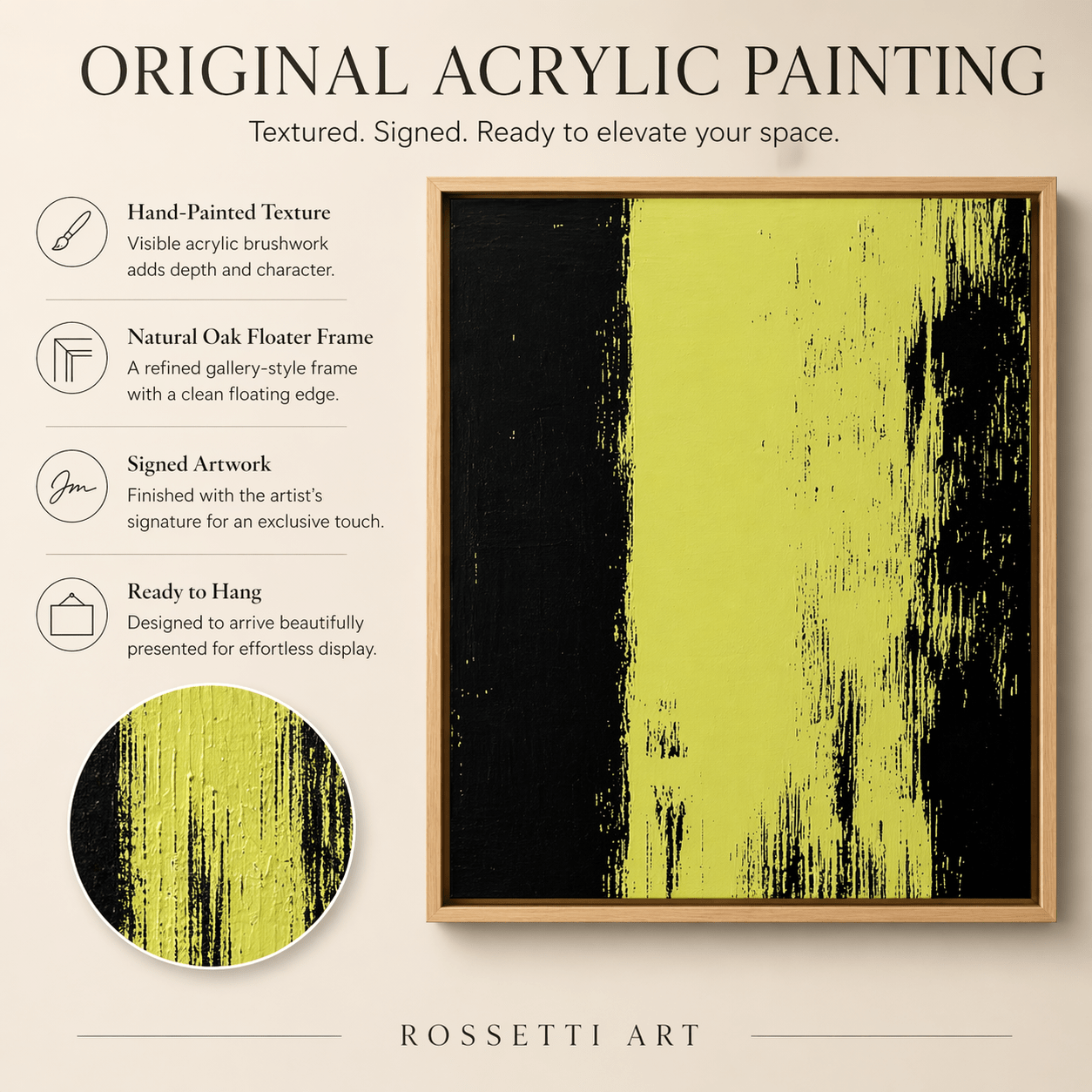 Lime Green Abstract Original Painting on Canvas – Electric Divide By Rossetti Art