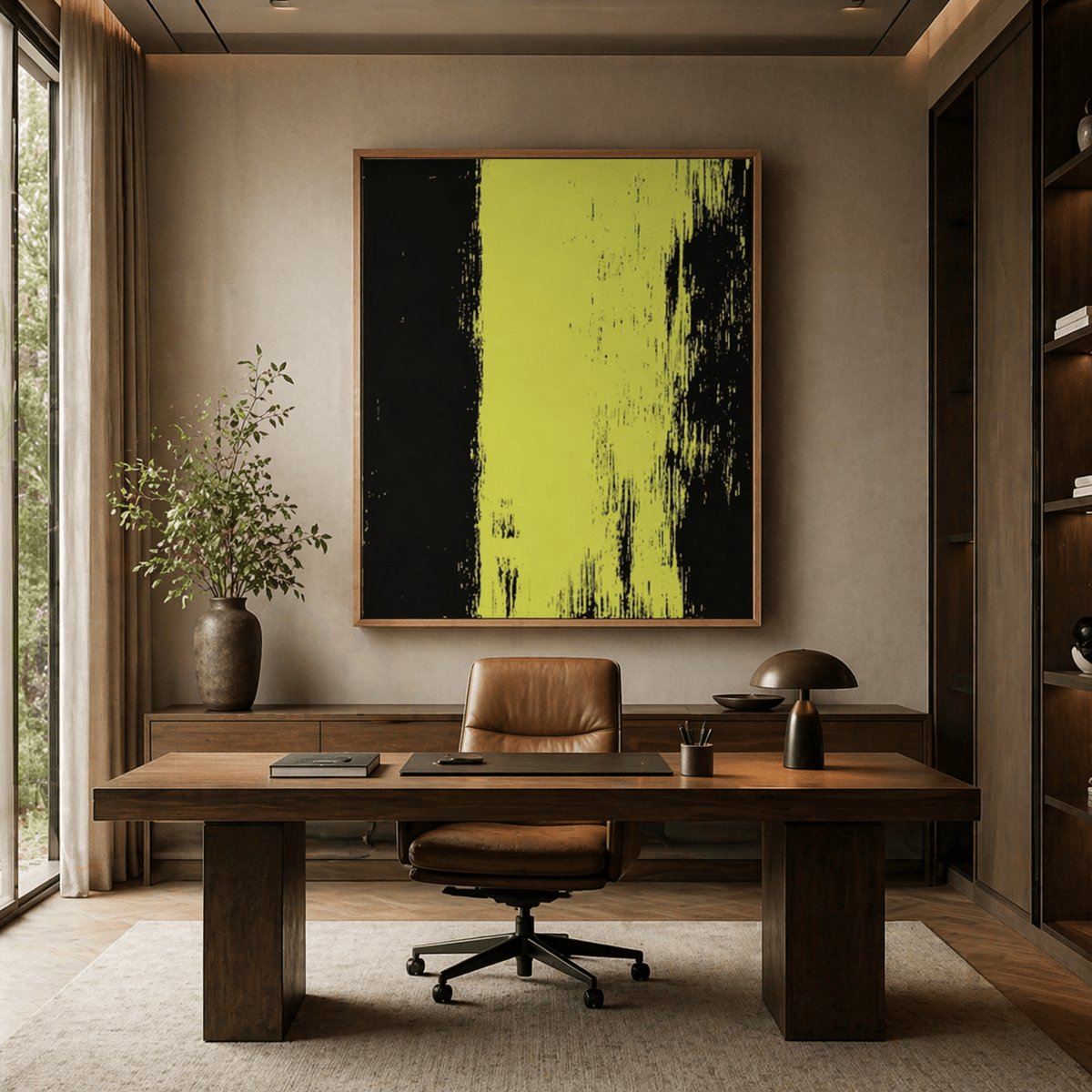 Lime Green Abstract Original Painting on Canvas – Electric Divide By Rossetti Art