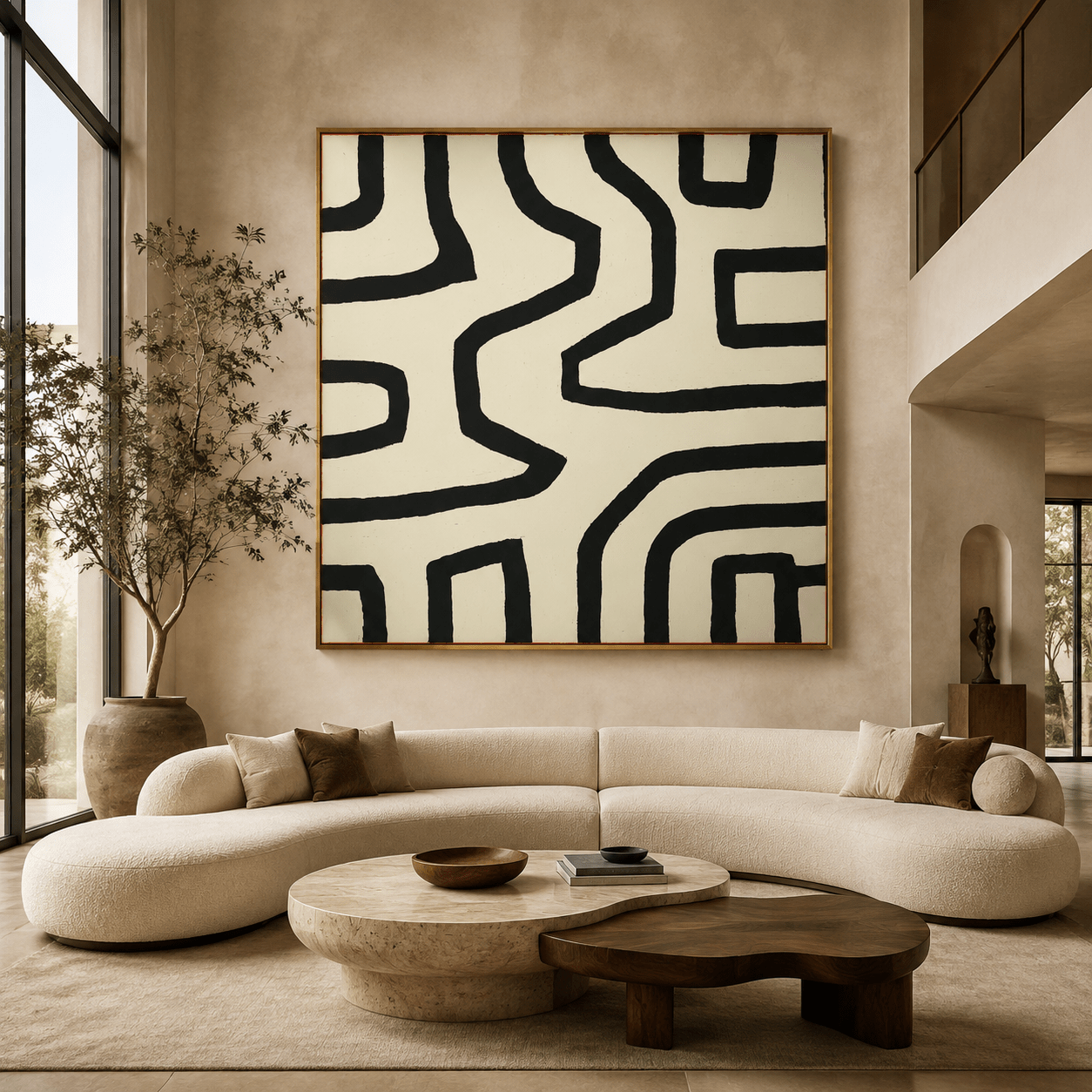 Winding Passage line drawing wall art canvas print above a curved sofa in a modern living room