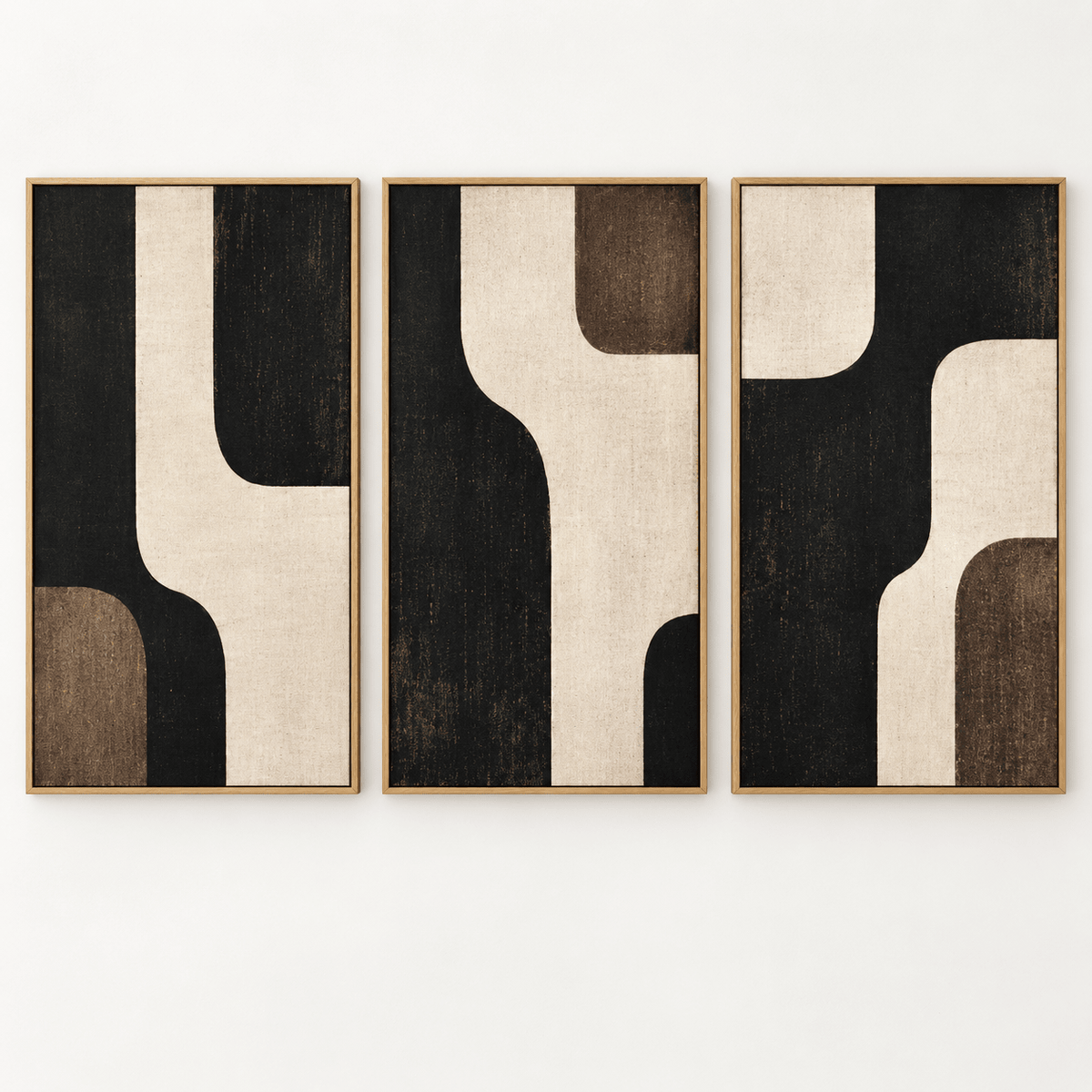 Linen wall art triptych with mid-century arch shapes in black, ivory, and walnut brown – Walnut Passage by Rossetti Art