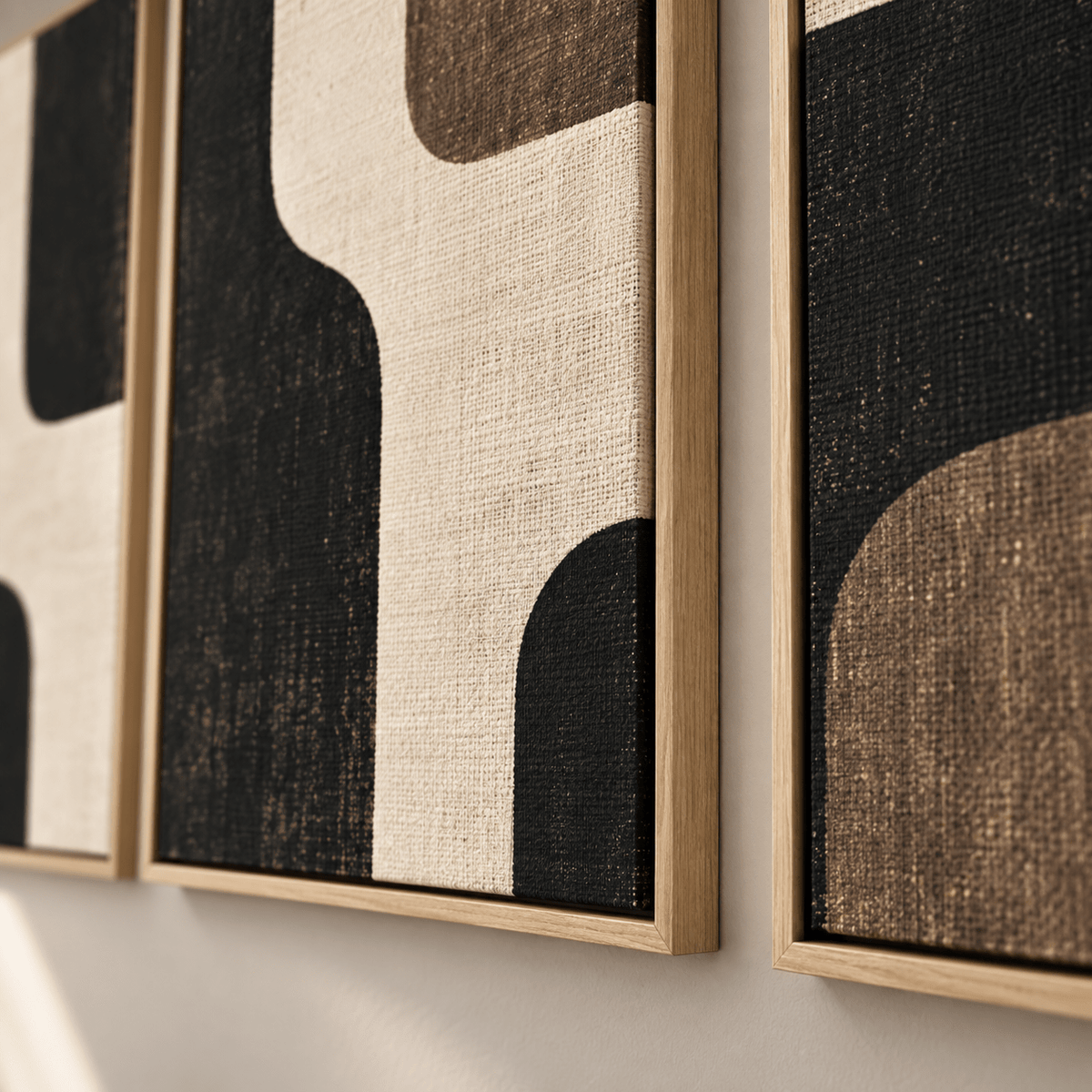 Linen wall art triptych hanging above a bed in a bedroom – Walnut Passage by Rossetti Art