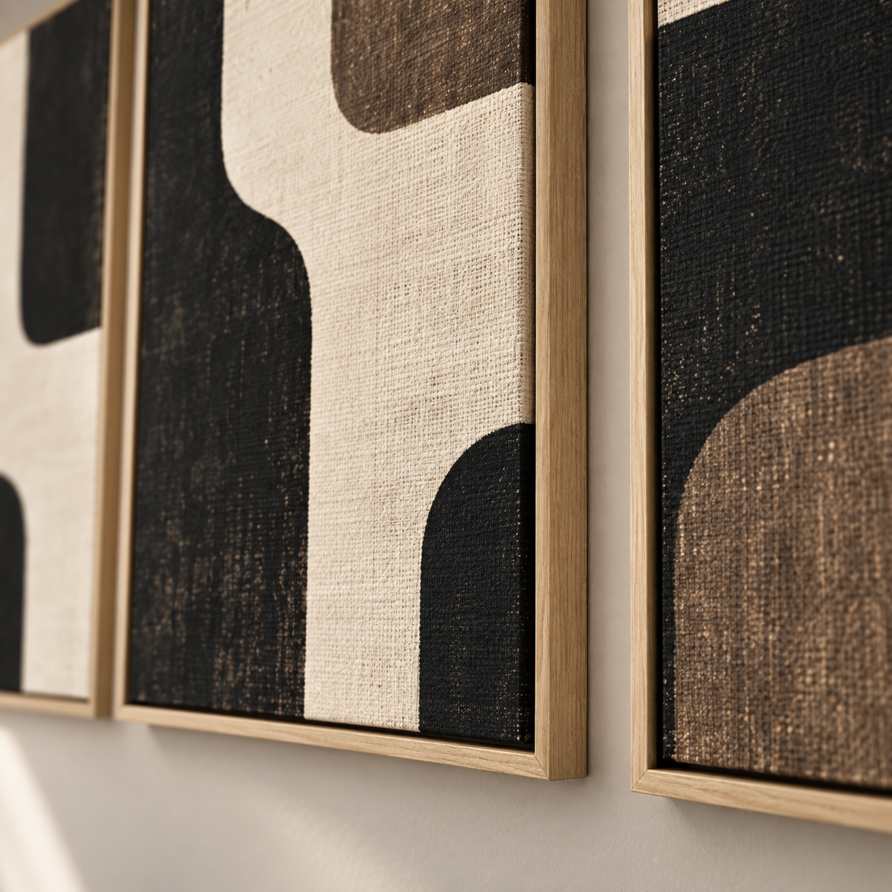Linen wall art triptych hanging above a bed in a bedroom – Walnut Passage by Rossetti Art