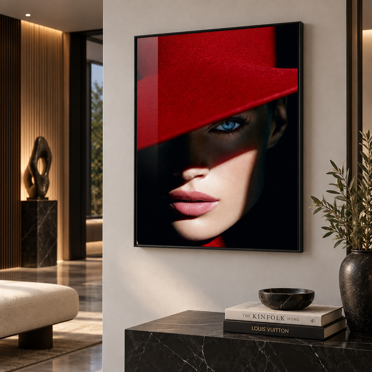 Lips Wall Art – Scarlet Gaze framed acrylic print on a console by Rossetti Art