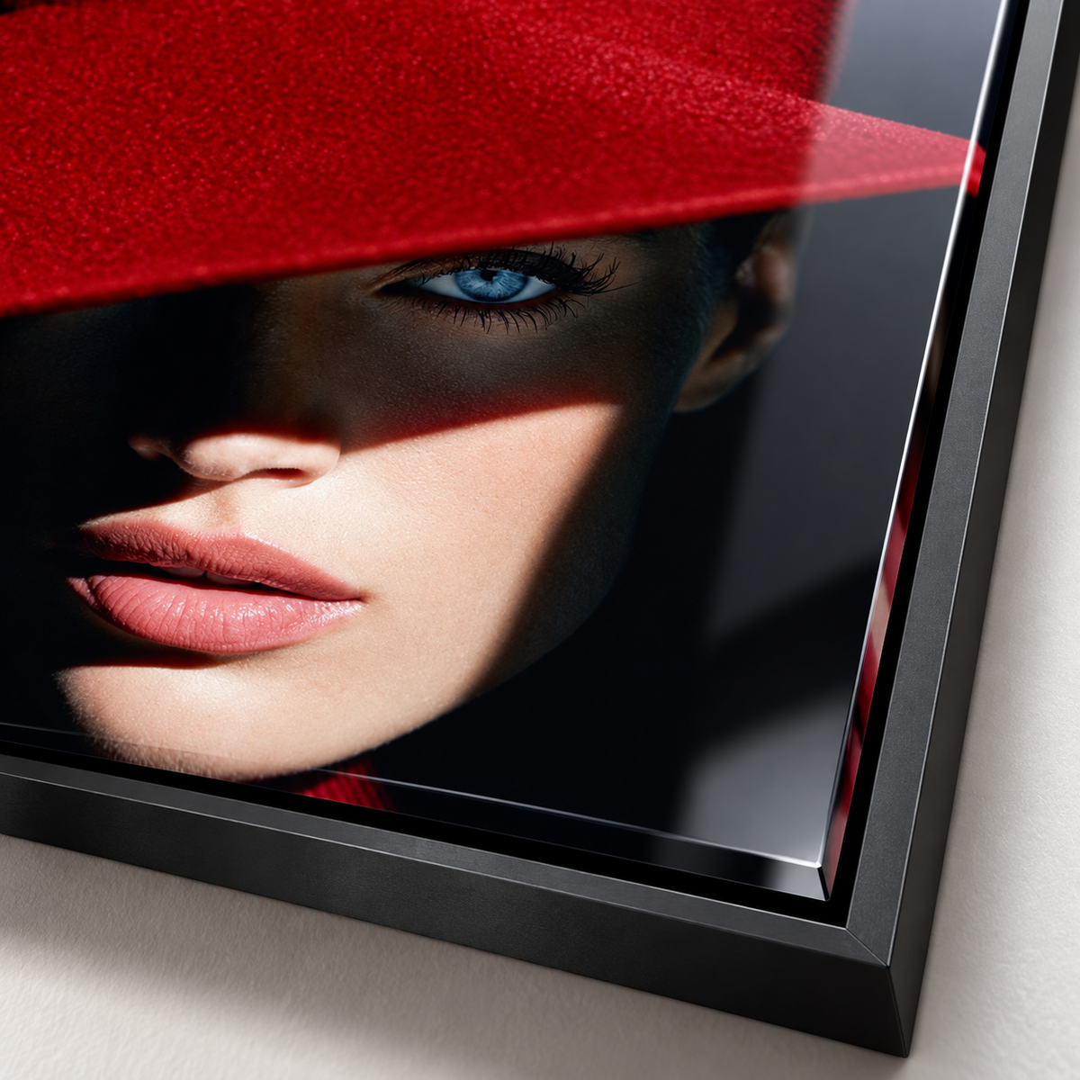 Lips Wall Art – Scarlet Gaze close-up of the black frame corner by Rossetti Art