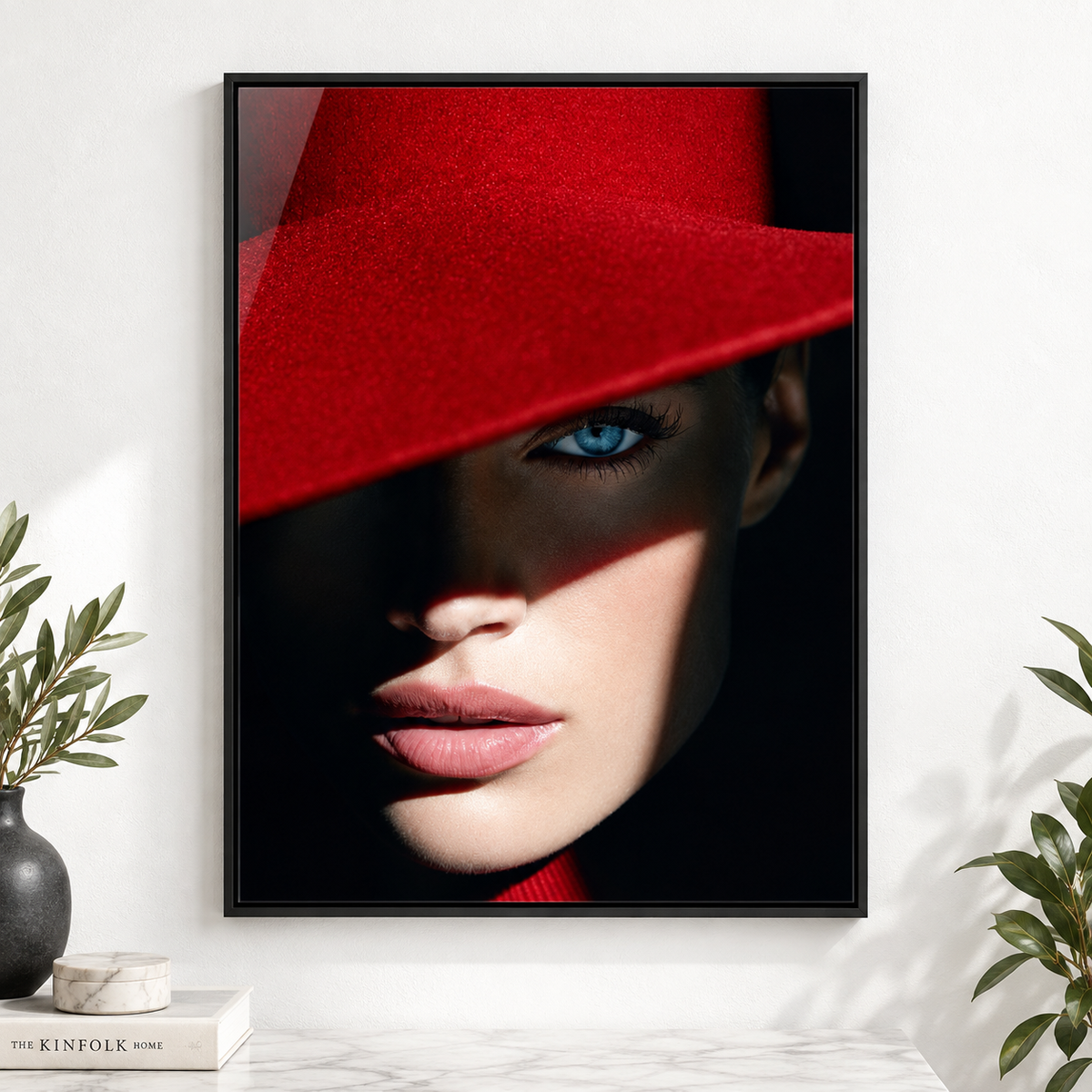 Lips Wall Art – Scarlet Gaze framed acrylic print on a shelf by Rossetti Art