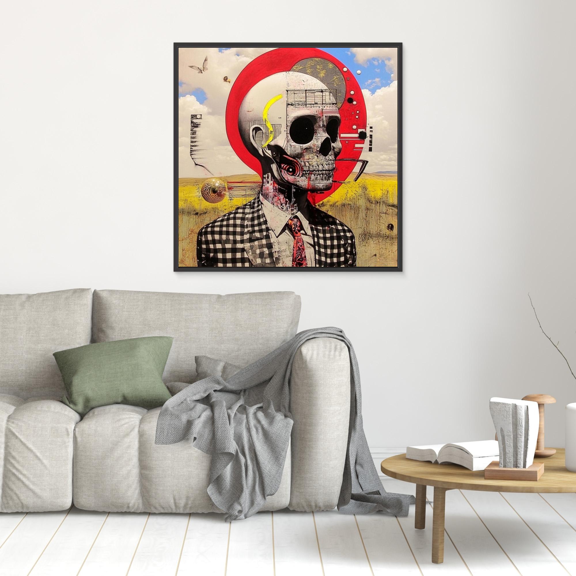 Canvas Print : Skull Reverie - Surreal Skull Art Print – Modern Mixed Media Wall Decor with Red Accents