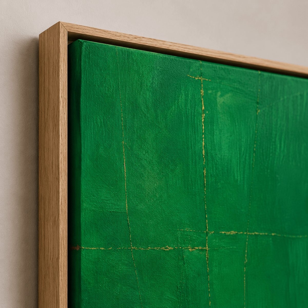Detail of malachite painting gold fracture lines in an oak floater frame – Malachite Drift by Rossetti Art