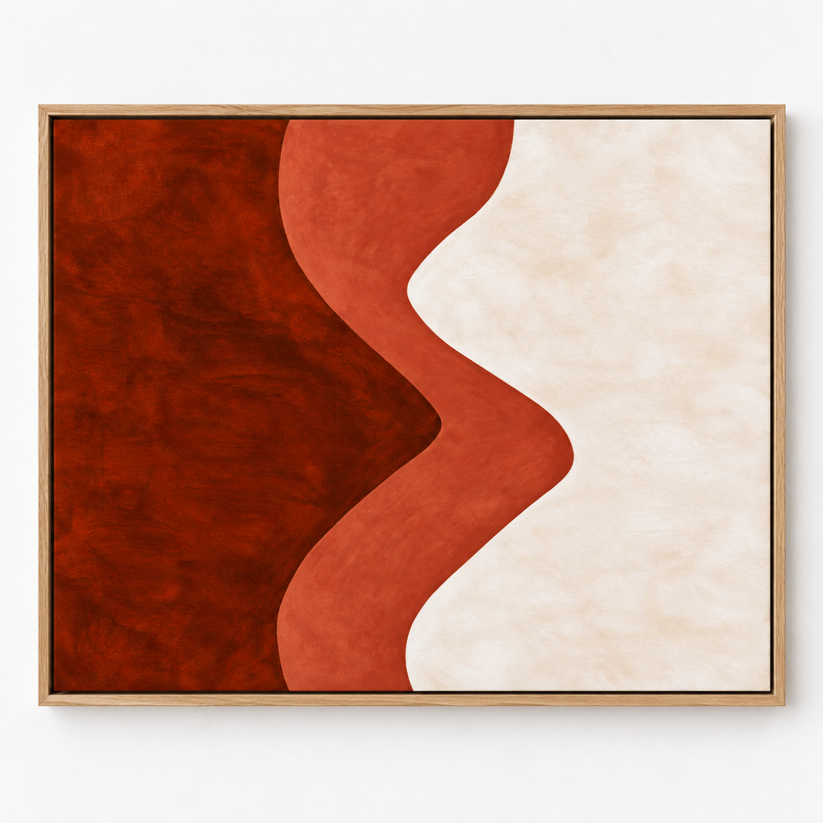 Maroon Wall Art – Ember Ripple canvas print by Rossetti Art, deep oxblood, rust-red wave and cream in an oak floater frame
