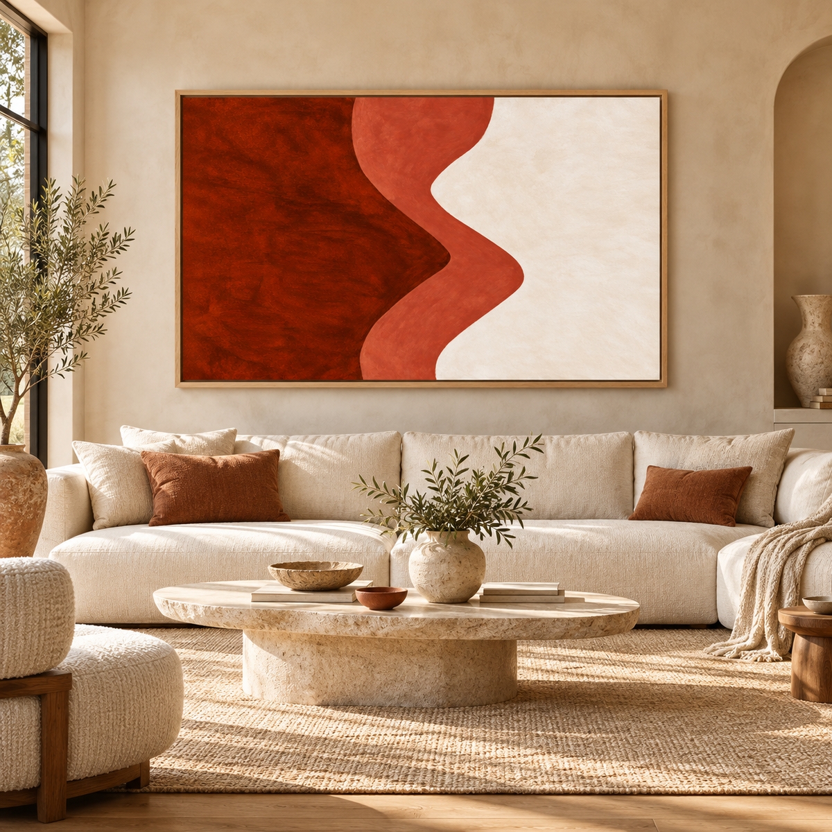 Maroon Wall Art – Ember Ripple canvas print by Rossetti Art above an ivory sofa in a bright living room