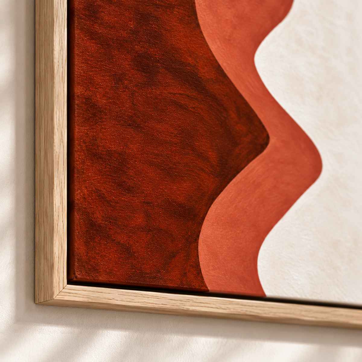 Maroon Wall Art – Ember Ripple canvas print by Rossetti Art, close-up of the oak floater frame corner and wave detail