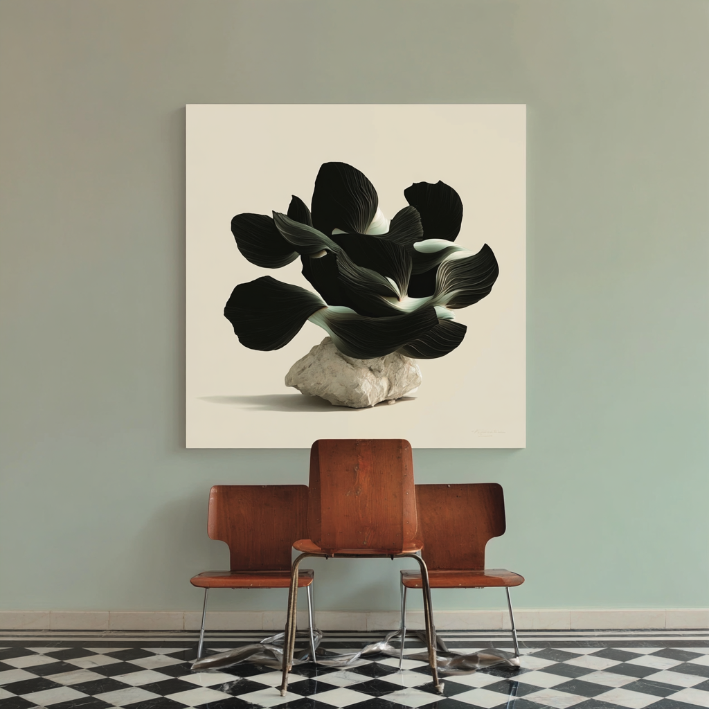 Black flower wall art in a modern room with checkerboard flooring – Obsidian Bloom by Rossetti Art