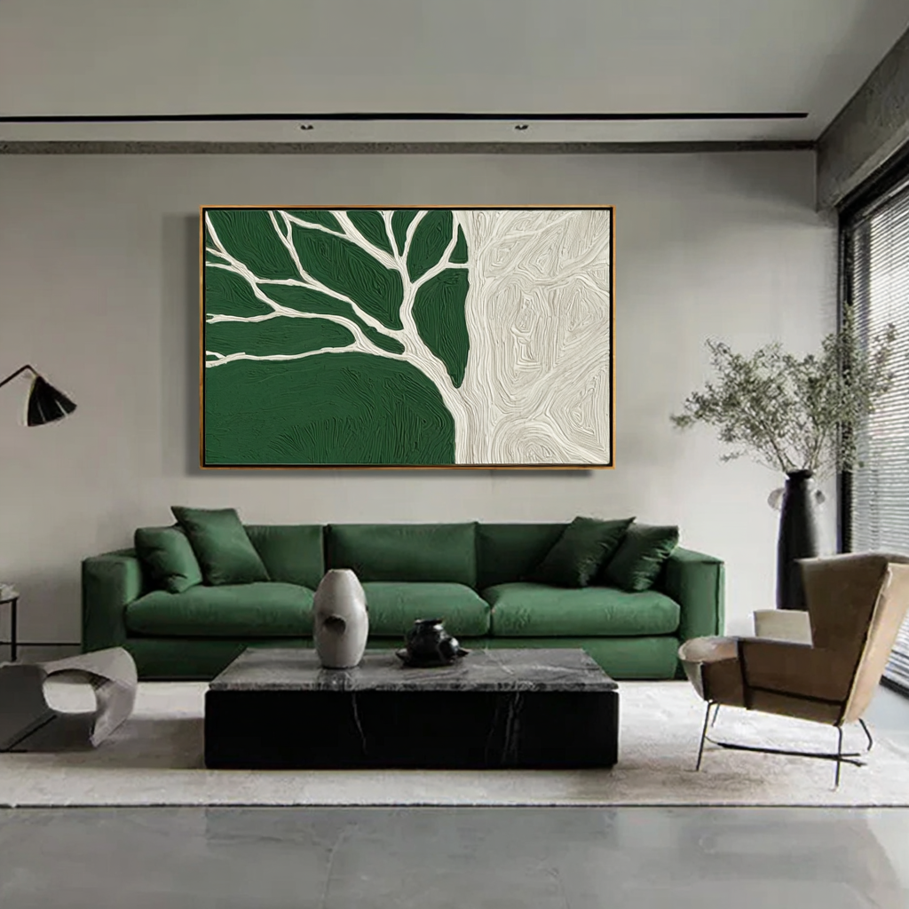 Large sage green trees landscape canvas wall art in modern living room
