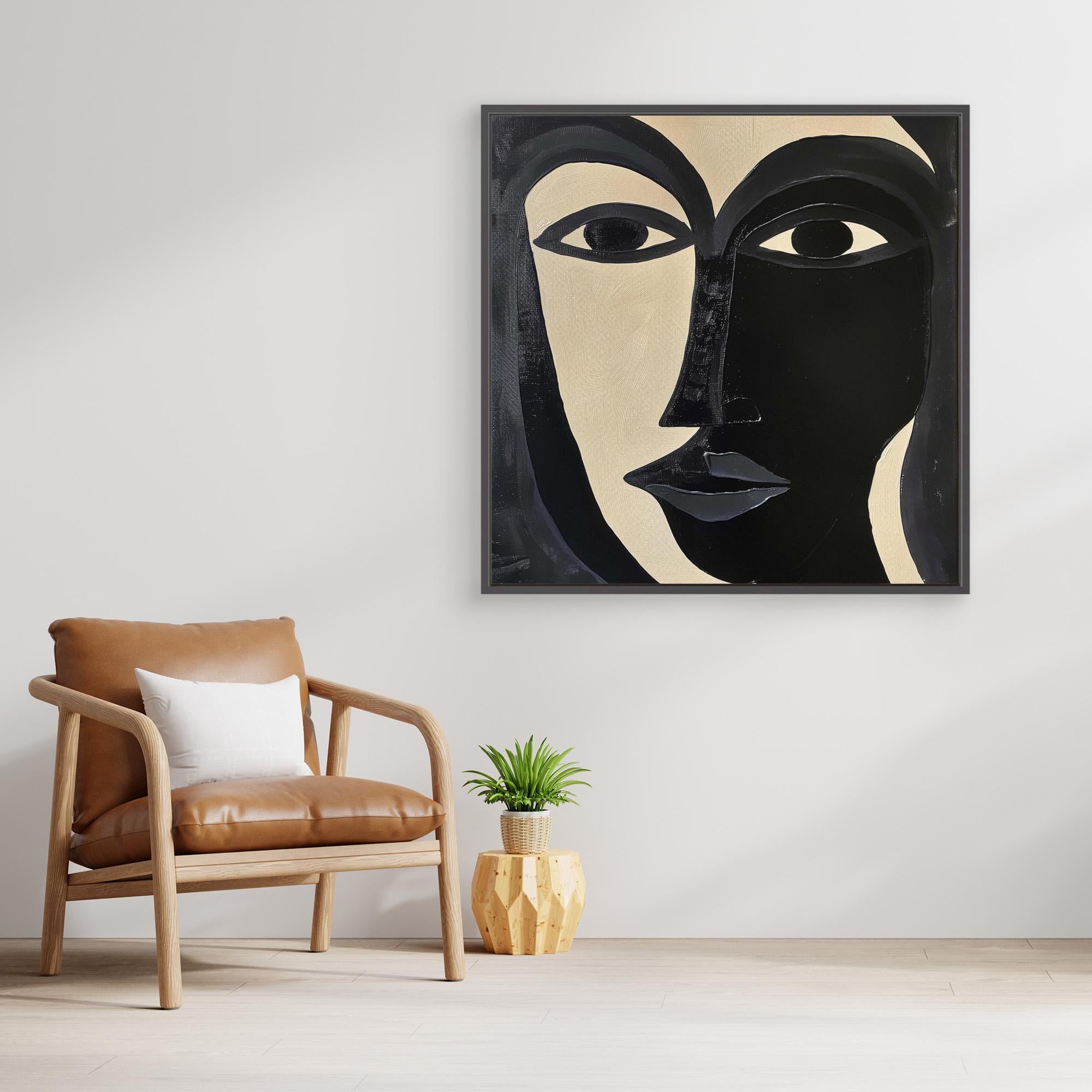 Divided Essence - Minimalist Black and White Abstract Face Art Print, Modern Portrait Wall Decor, Bold Contemporary Expressionist Artwork, Unique Canvas Design