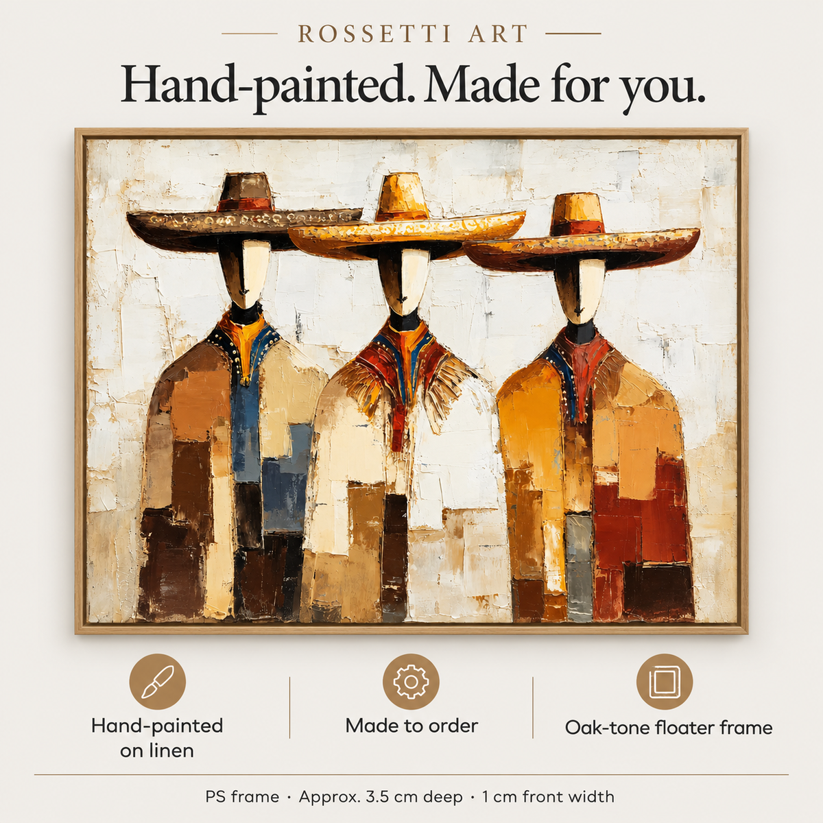 Mexican Wall Art – Tres Sombreros hand-painted original on linen, made to order, with floater frame by Rossetti Art