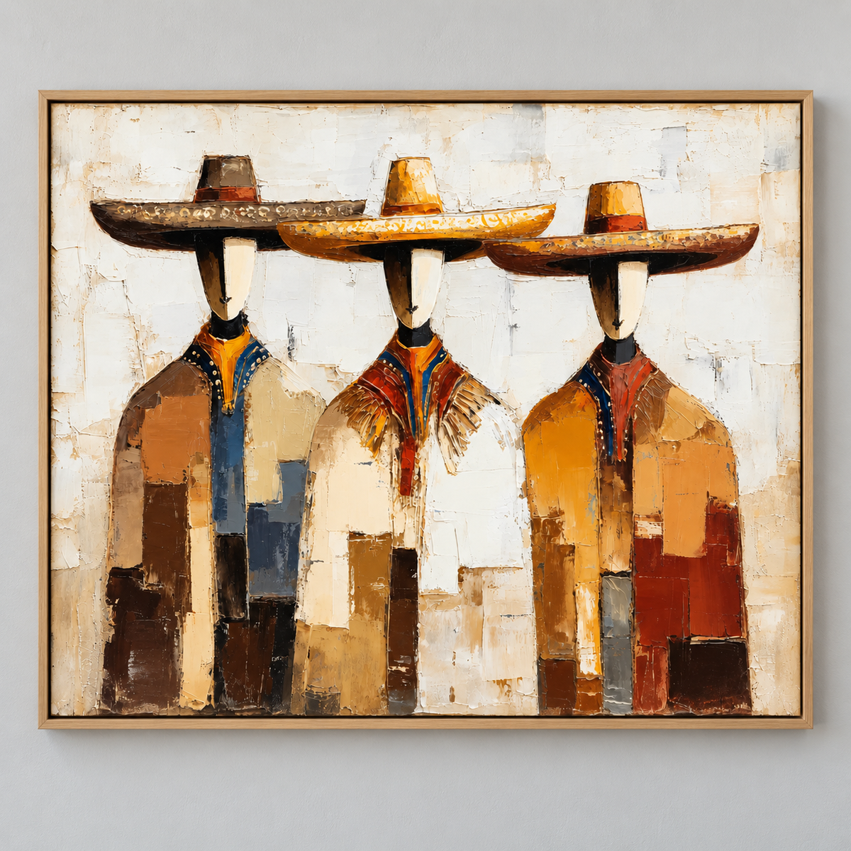 Mexican Wall Art – Tres Sombreros Original Painting three sombrero figures in a floater frame by Rossetti Art