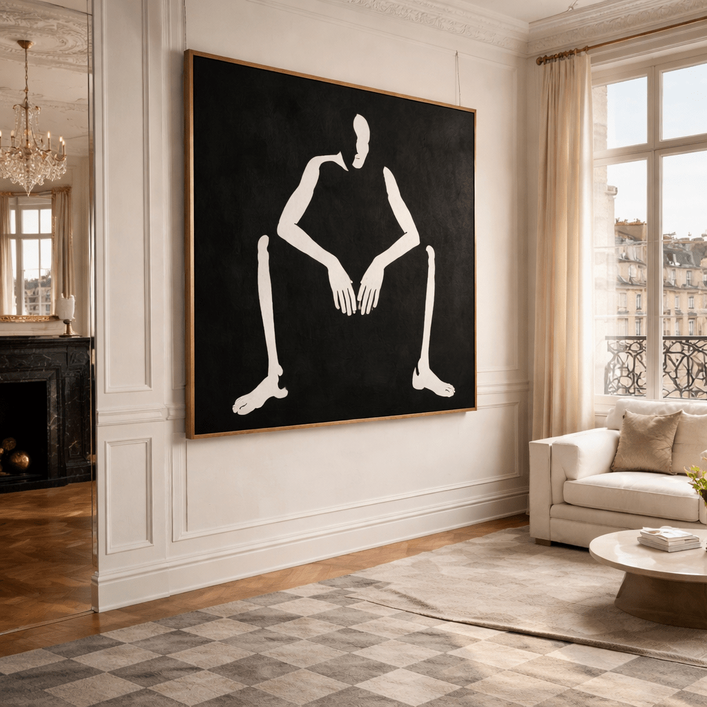 Stillness in Contrast Black and White Figurative Painting Styled in a Living Room by Rossetti Art