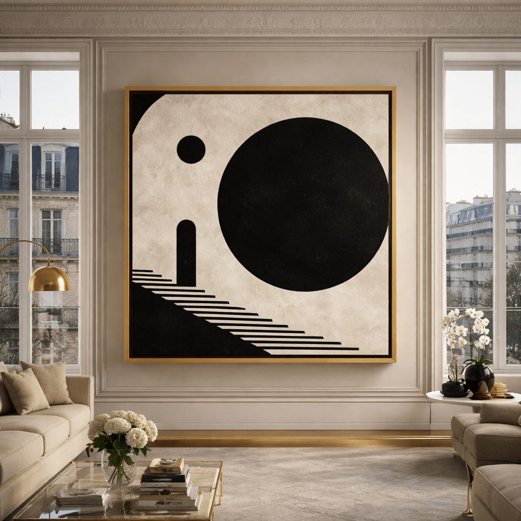 Minimalist Black and White Geometric Original Painting – Ivory Eclipse Passage | Rossetti Art