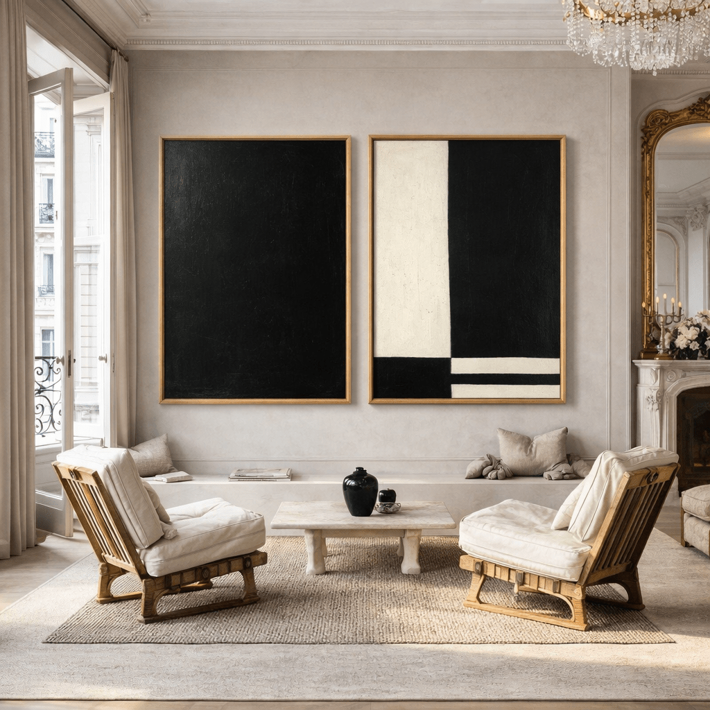 Minimalist Black and White Original Painting Set of 2 - Nocturne Divide on Linen Canvas