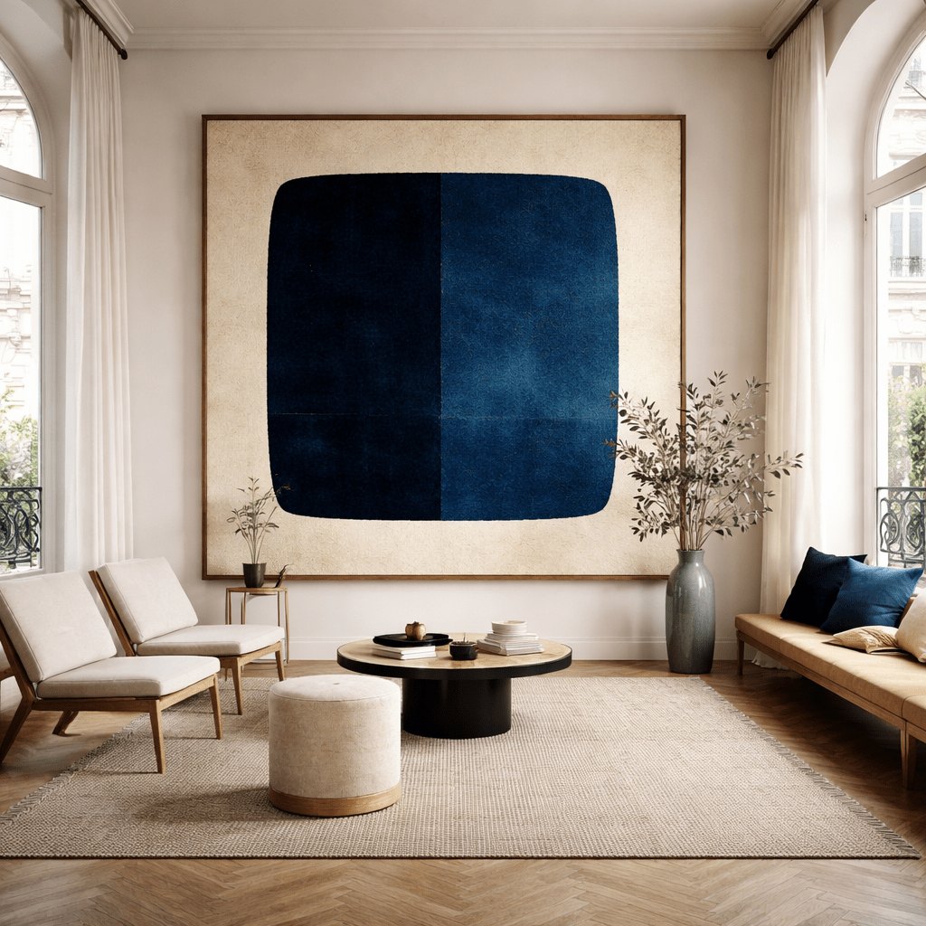 Minimalist Blue Abstract Painting on Canvas - Midnight Balance | Rossetti Art