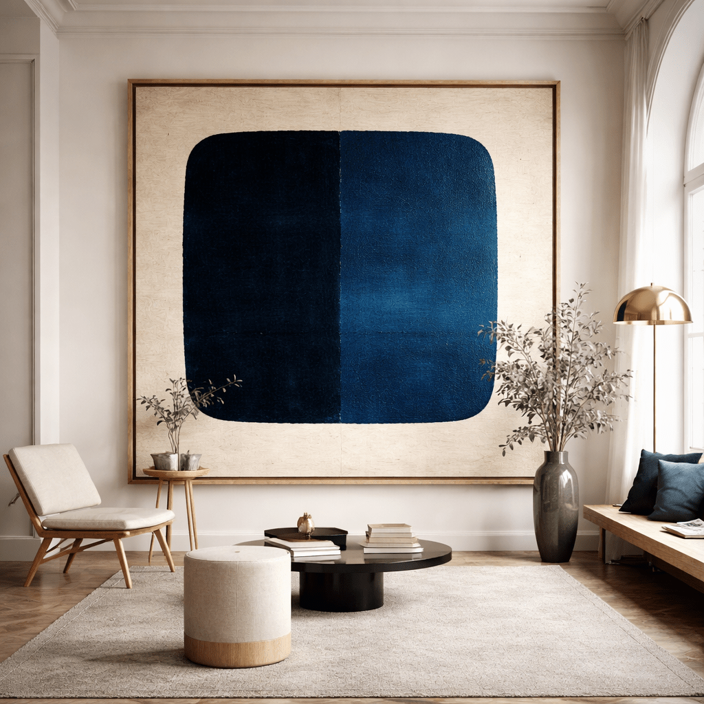 Minimalist Blue Abstract Painting on Canvas - Midnight Balance | Rossetti Art