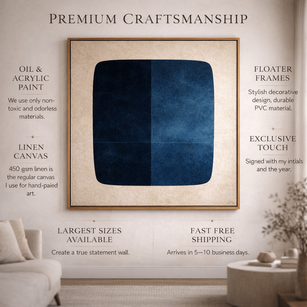 Minimalist Blue Abstract Painting on Canvas - Midnight Balance | Rossetti Art