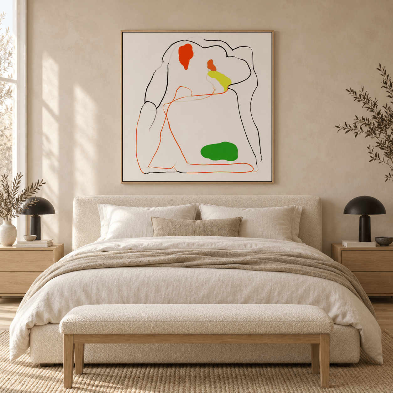 Minimalist line art wall art canvas hung above a bed in a neutral bedroom — Sun-Kissed Repose by Rossetti Art