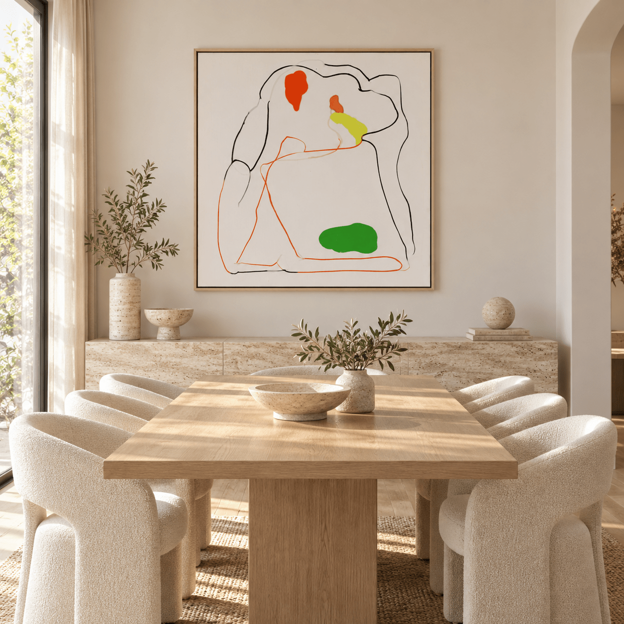 Minimalist line art wall art canvas hung above a dining room sideboard — Sun-Kissed Repose by Rossetti Art