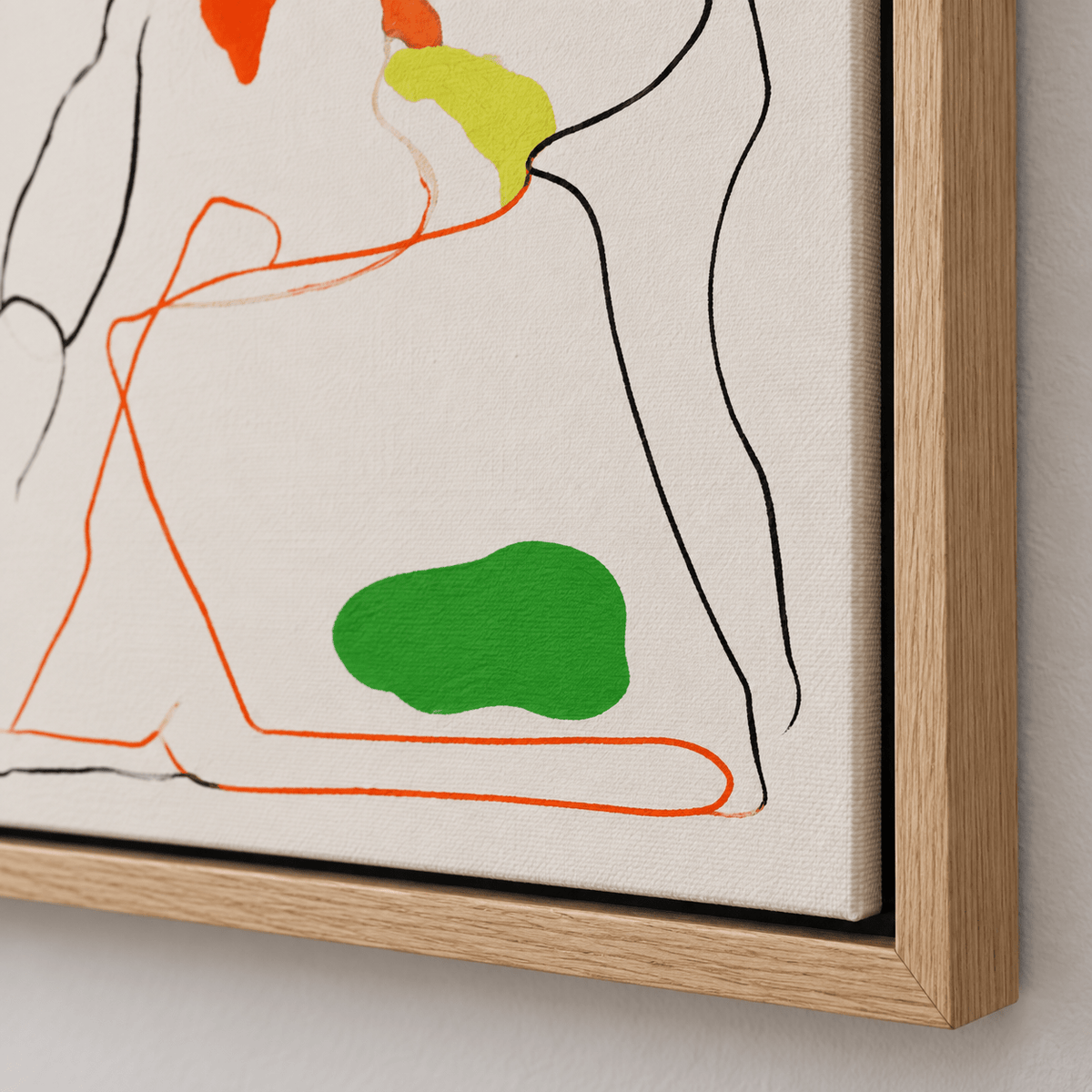 Close-up detail of the continuous line brushwork and oak float frame on the Sun-Kissed Repose minimalist line art canvas by Rossetti Art