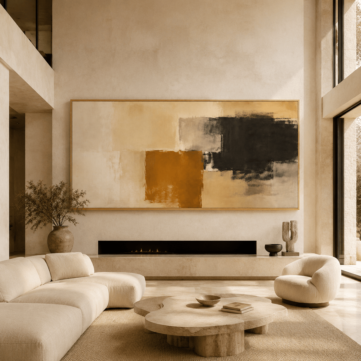 Modern abstract painting as a large-scale statement piece above a fireplace in a sunlit living room – Amber Divide by Rossetti Art