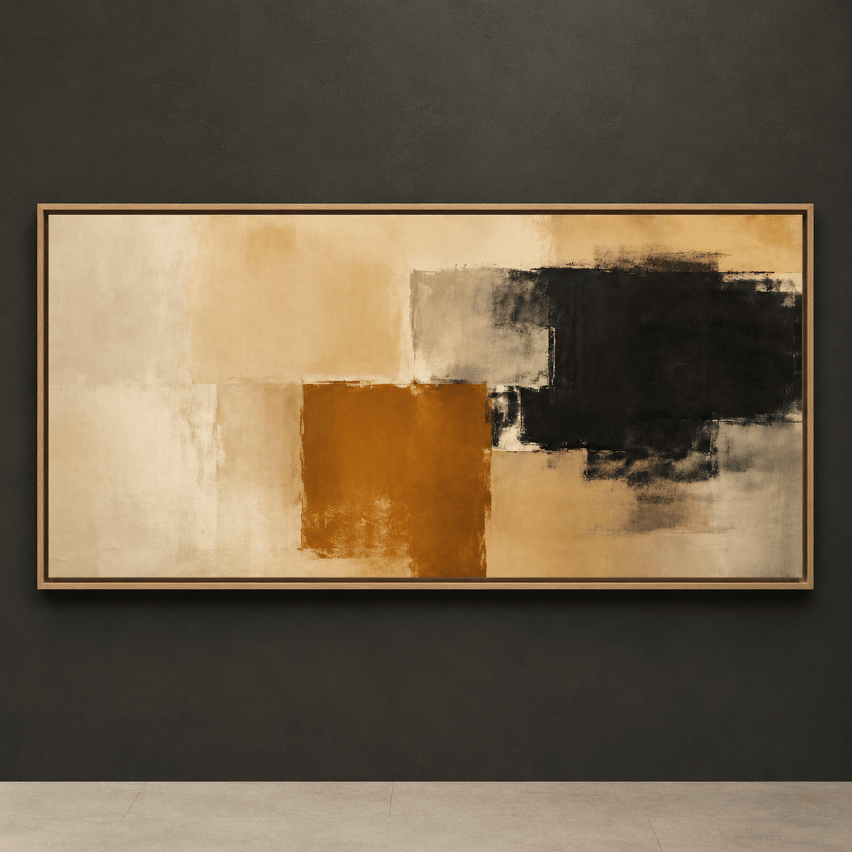Modern abstract painting in cream, gray, black, and warm amber tones, framed in natural wood – Amber Divide by Rossetti Art