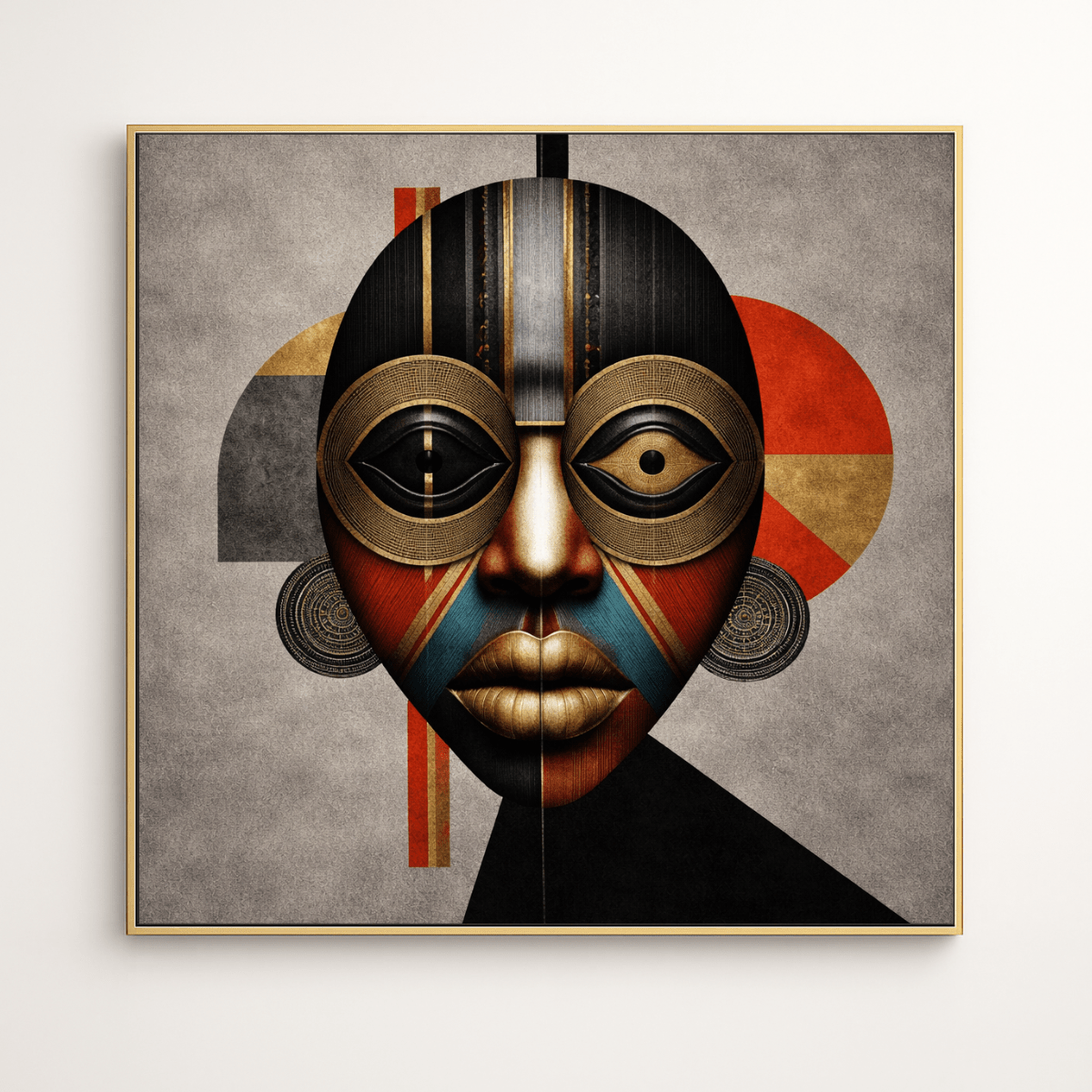 Modern African Mask Canvas Print – Black & Gold Geometric Portrait Wall Art in Red, Luxury Framed Decor | Rossetti Art modern abstract canvas wall art by Rossetti Art – luxury interior design artwork for living room, bedroom, office – canvas print art Chiara Rossetti figurative