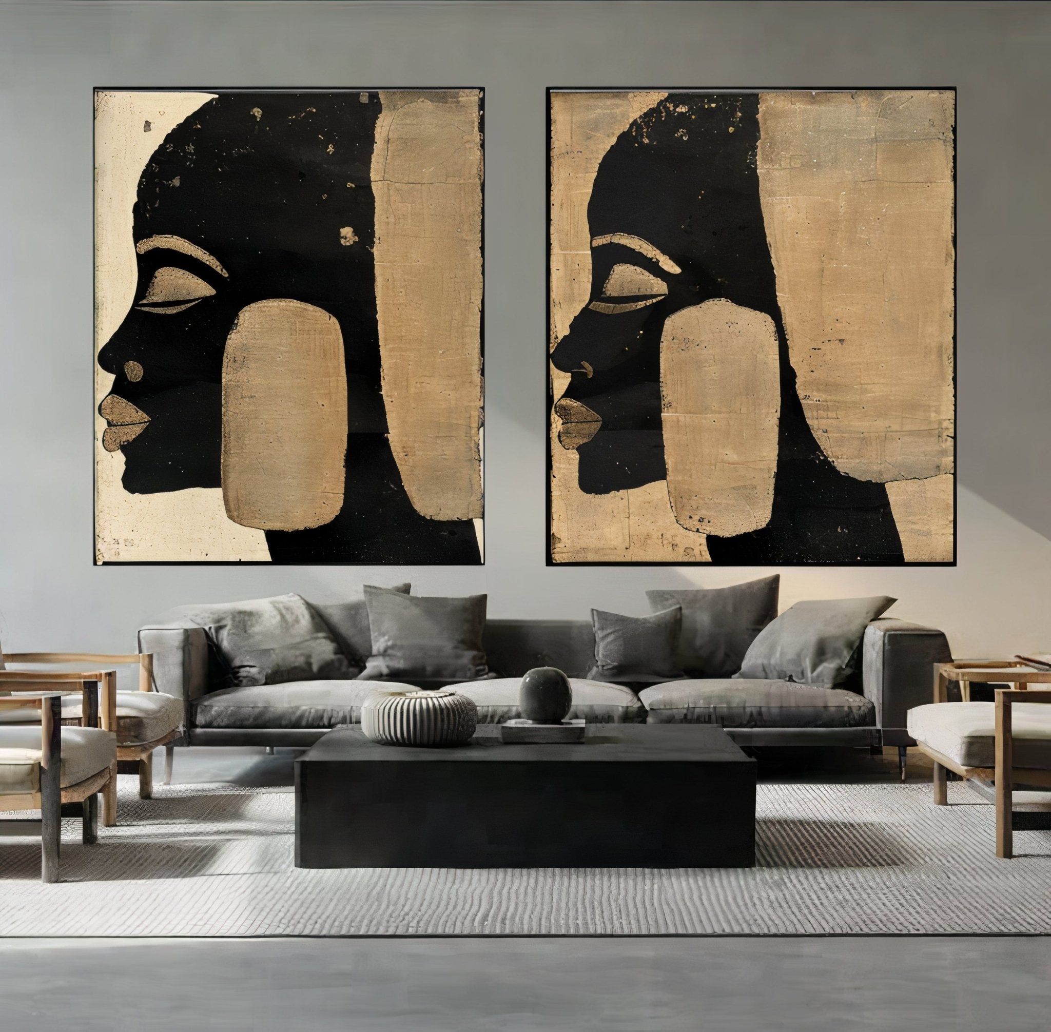 Modern Black Woman Wall Art Set of 2 - African Silhouette modern abstract canvas wall art by Rossetti Art – luxury interior design artwork for living room, bedroom, office – Original Figurative original set unique wall art decor