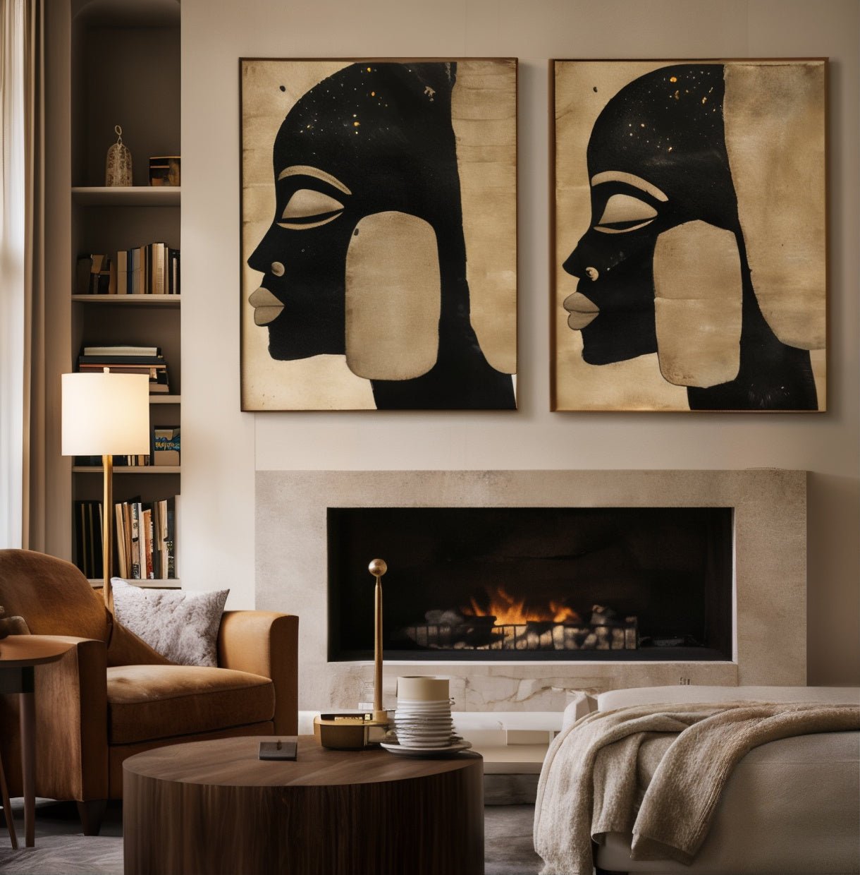 Modern Black Woman Wall Art Set of 2 - African Silhouette modern abstract canvas wall art by Rossetti Art – luxury interior design artwork for living room, bedroom, office – Original Figurative original set unique wall art decor