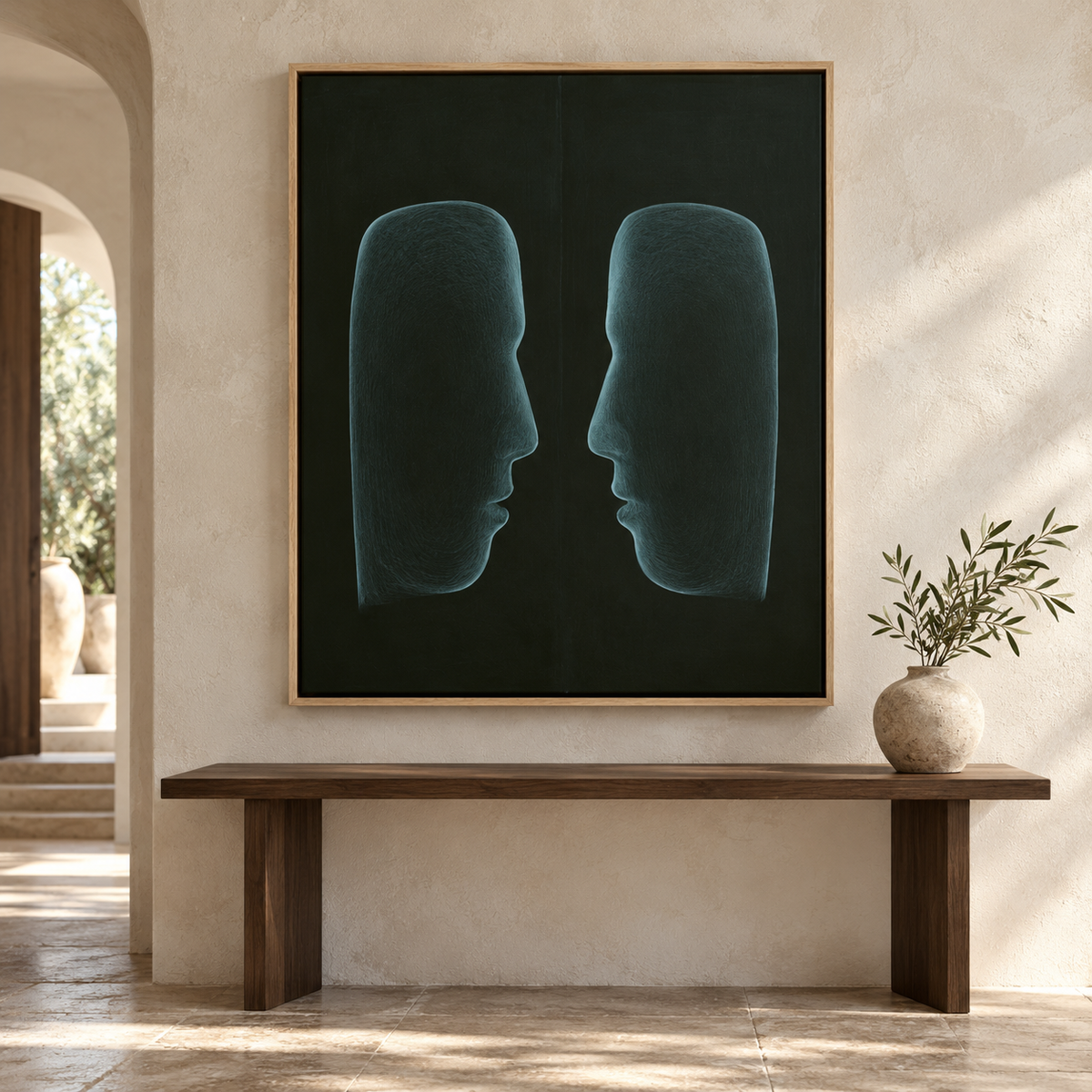 Modern Face Art Canvas Print – Mirror Profiles twin teal profiles on a wall by Rossetti Art