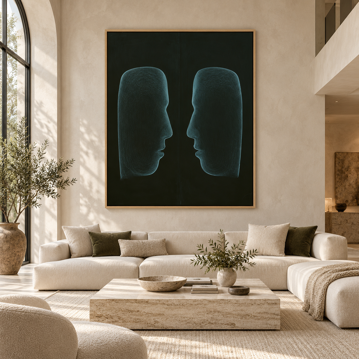 Modern Face Art Canvas Print – Mirror Profiles twin teal profiles in an oak frame by Rossetti Art