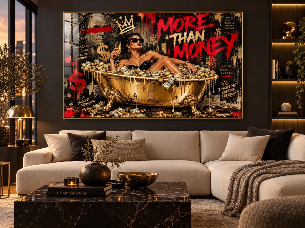 Money Wall Art – More Than Money black, gold and red pop art acrylic print in a gold frame above a cream sofa by Rossetti Art