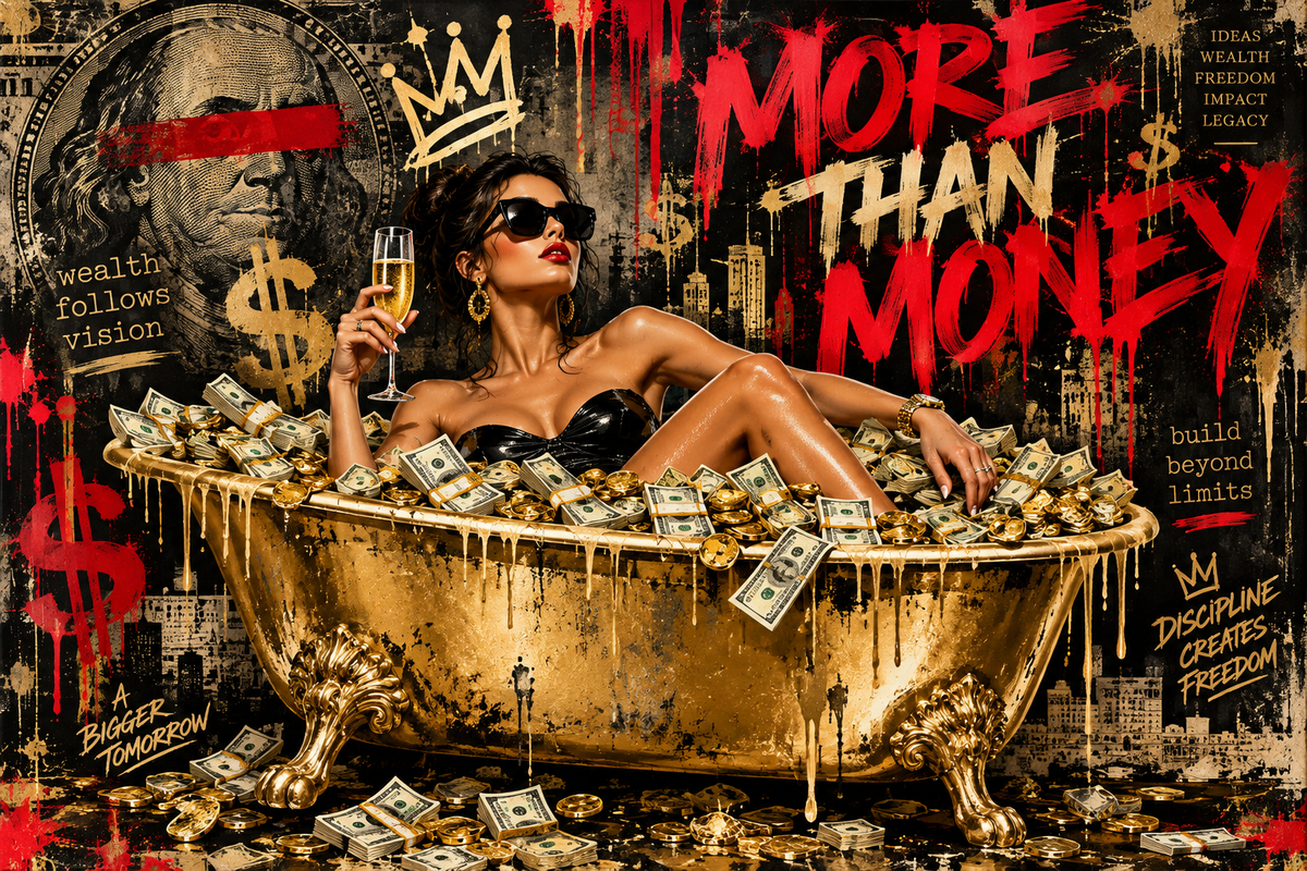 Money Wall Art – More Than Money black, gold and red pop art acrylic print by Rossetti Art, front view