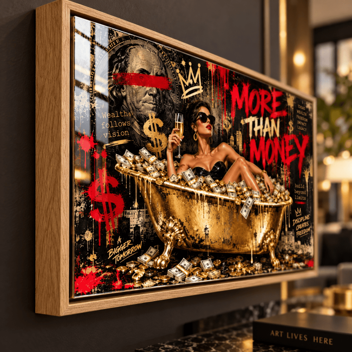 Close-up of money wall art – More Than Money black, gold and red pop art acrylic print in an oak frame by Rossetti Art