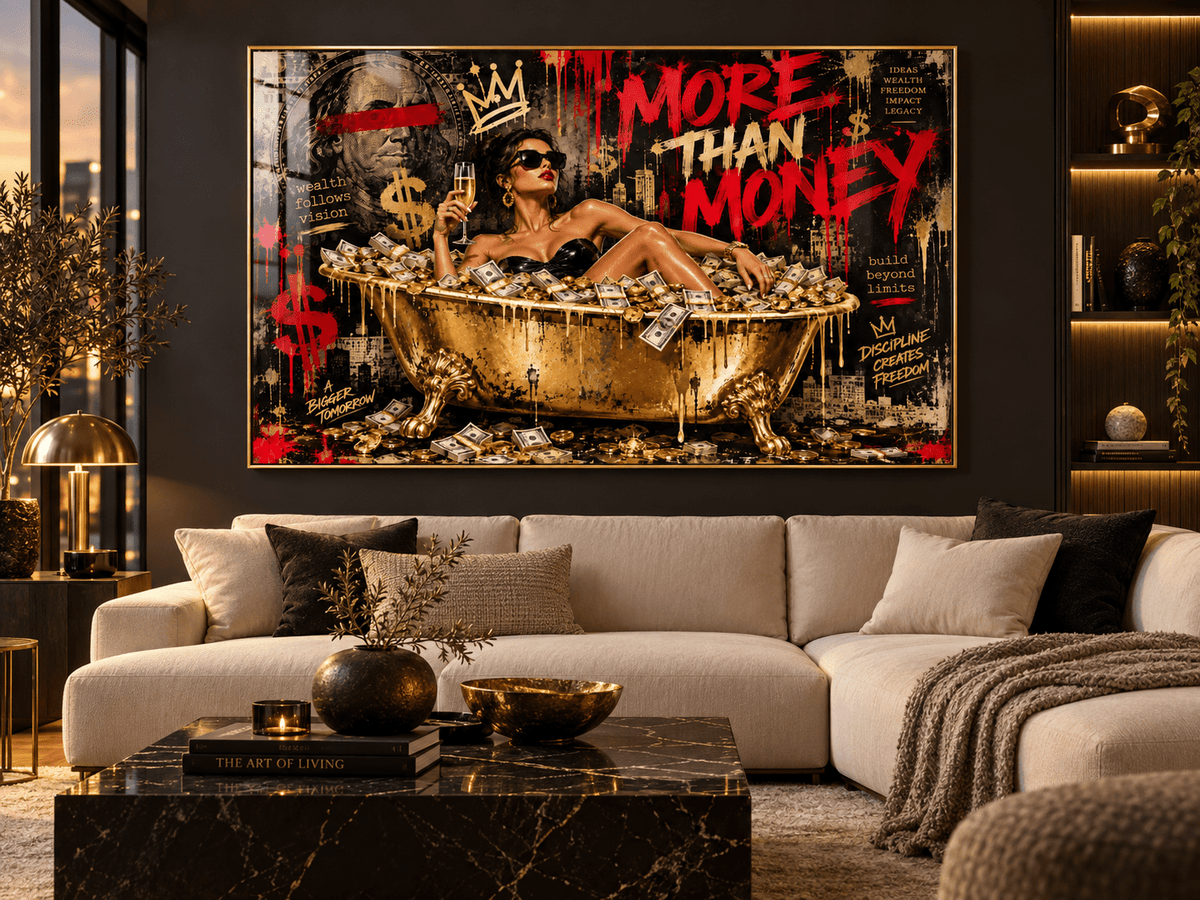 Money Wall Art – More Than Money black, gold and red pop art acrylic print in a gold frame above a cream sofa by Rossetti Art