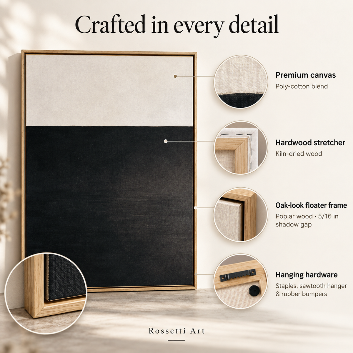 Monochrome Wall Art – Dark Horizon Canvas Print by Rossetti Art, construction details of canvas, stretcher, floater frame and hanging hardware