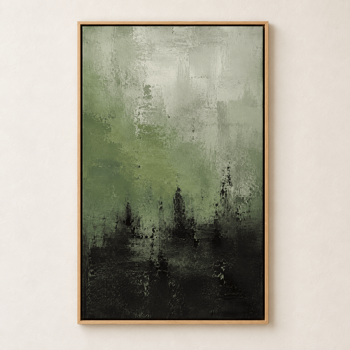 Moody abstract art canvas with sage green and black gradient shown on a plain wall – Verdigris Horizon by Rossetti Art