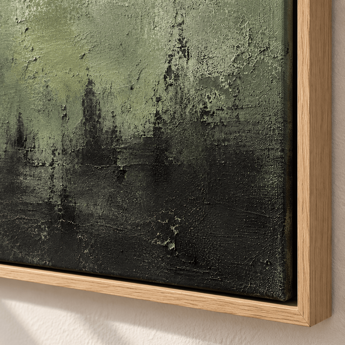 Close-up detail of the textured sage green and black brushwork on Verdigris Horizon by Rossetti Art
