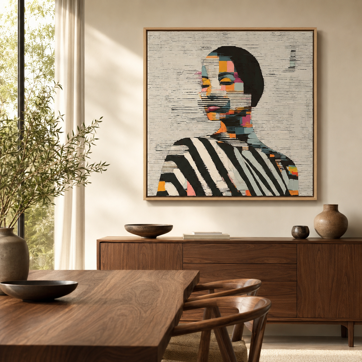 Mosaic portrait canvas print in an oak floater frame displayed in a contemporary dining room