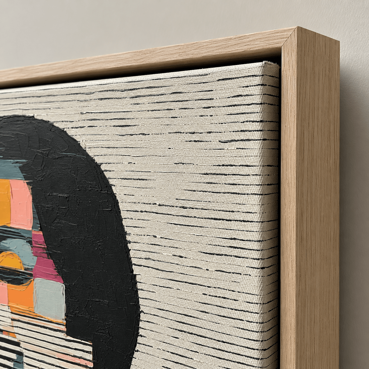 Close-up of mosaic portrait canvas print showing the painted texture, colors and oak floater frame